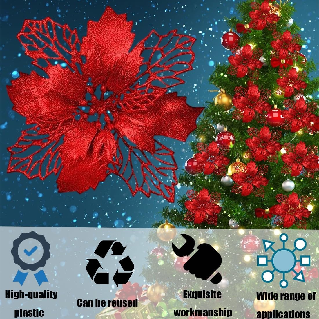 Kerstbloemen Glitter Rood (15st) 3D Satijn Herbruikbaar met 29% korting