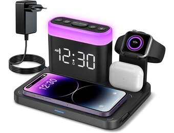 Draadloos Oplaaddock 3-in-1 iPhone, Watch, AirPods | Mag-Safe | Wekker | Nachtlamp met 7 Kleuren (58% Korting)