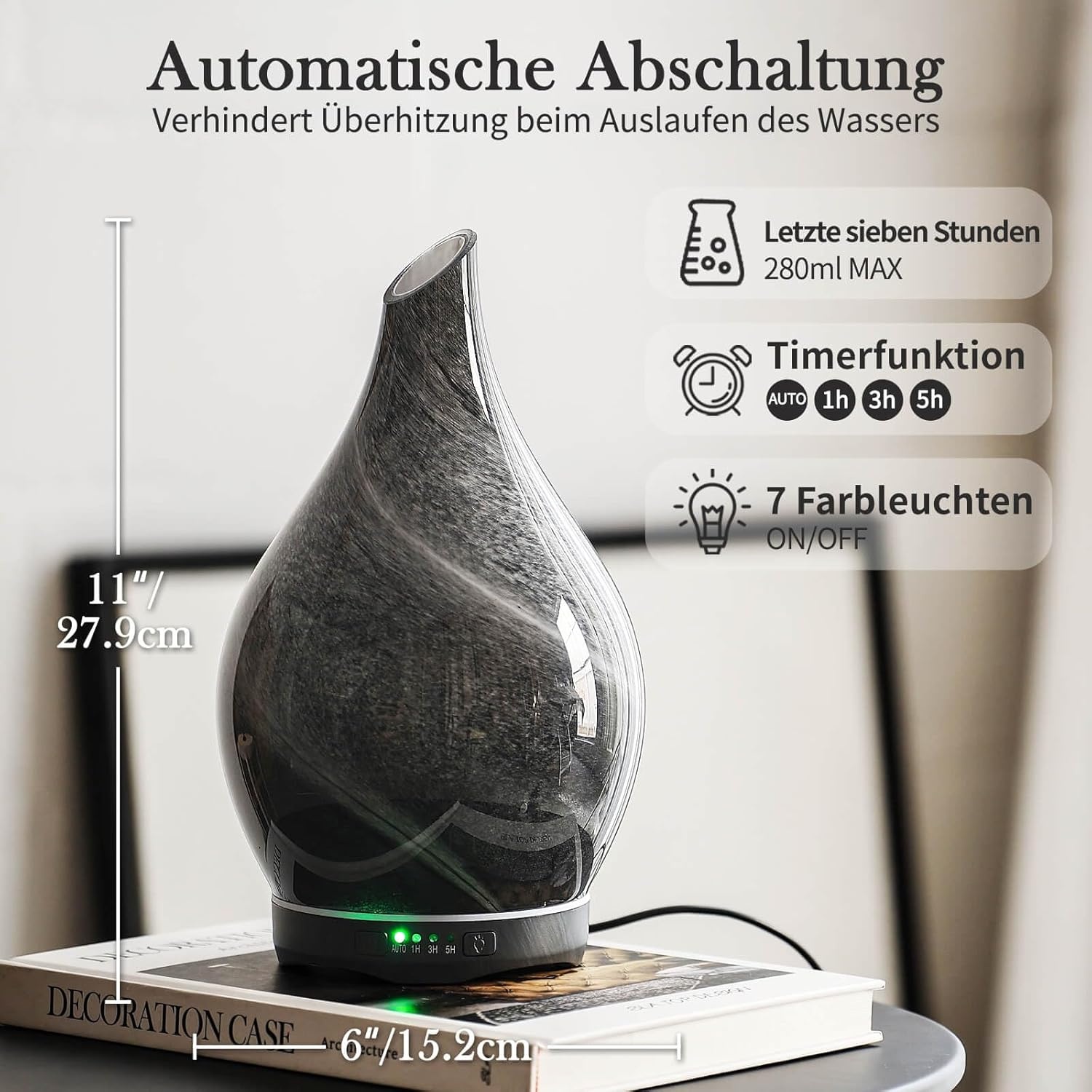 Porseme Aromadiffuser, 280 ml, handgeblazen glas, diffuser voor etherische oliën, luchtbevochtiger, ultrasoon, koele mist, stil, 7 soorten led-lichtkleuren, waterloos, auto-off, BPA-vrij, voor woning