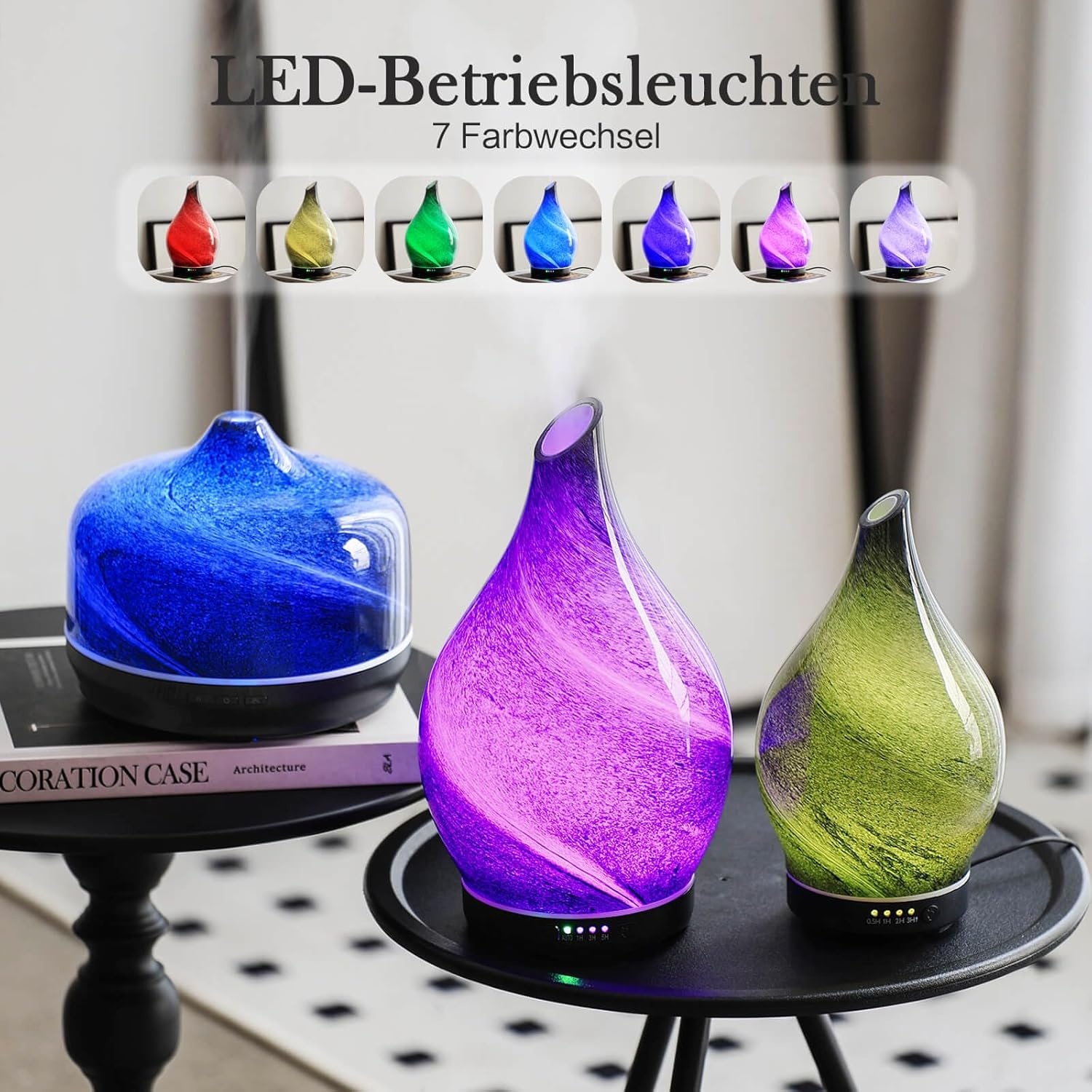 Porseme Aromadiffuser, 280 ml, handgeblazen glas, diffuser voor etherische oliën, luchtbevochtiger, ultrasoon, koele mist, stil, 7 soorten led-lichtkleuren, waterloos, auto-off, BPA-vrij, voor woning