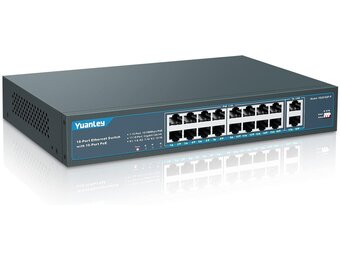 18-poorts PoE+ Switch: 16x 100Mbps, 2x Gigabit, 250W, Plug & Play