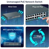 18-poorts PoE+ Switch: 16x 100Mbps, 2x Gigabit, 250W, Plug & Play