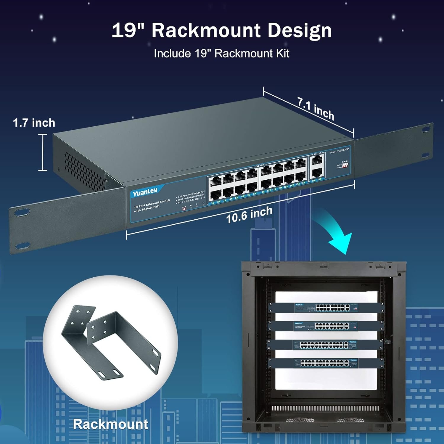 18-poorts PoE+ Switch: 16x 100Mbps, 2x Gigabit, 250W, Plug & Play