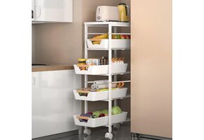 Opbergtrolley met 5 Laden & Houten Blad - Wit | 56% Korting