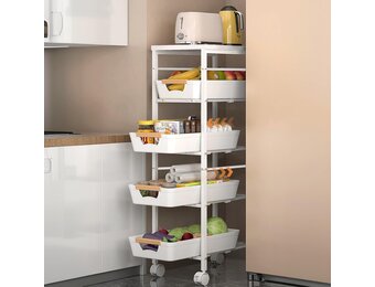 Opbergtrolley met 5 Laden & Houten Blad - Wit - 34% Korting