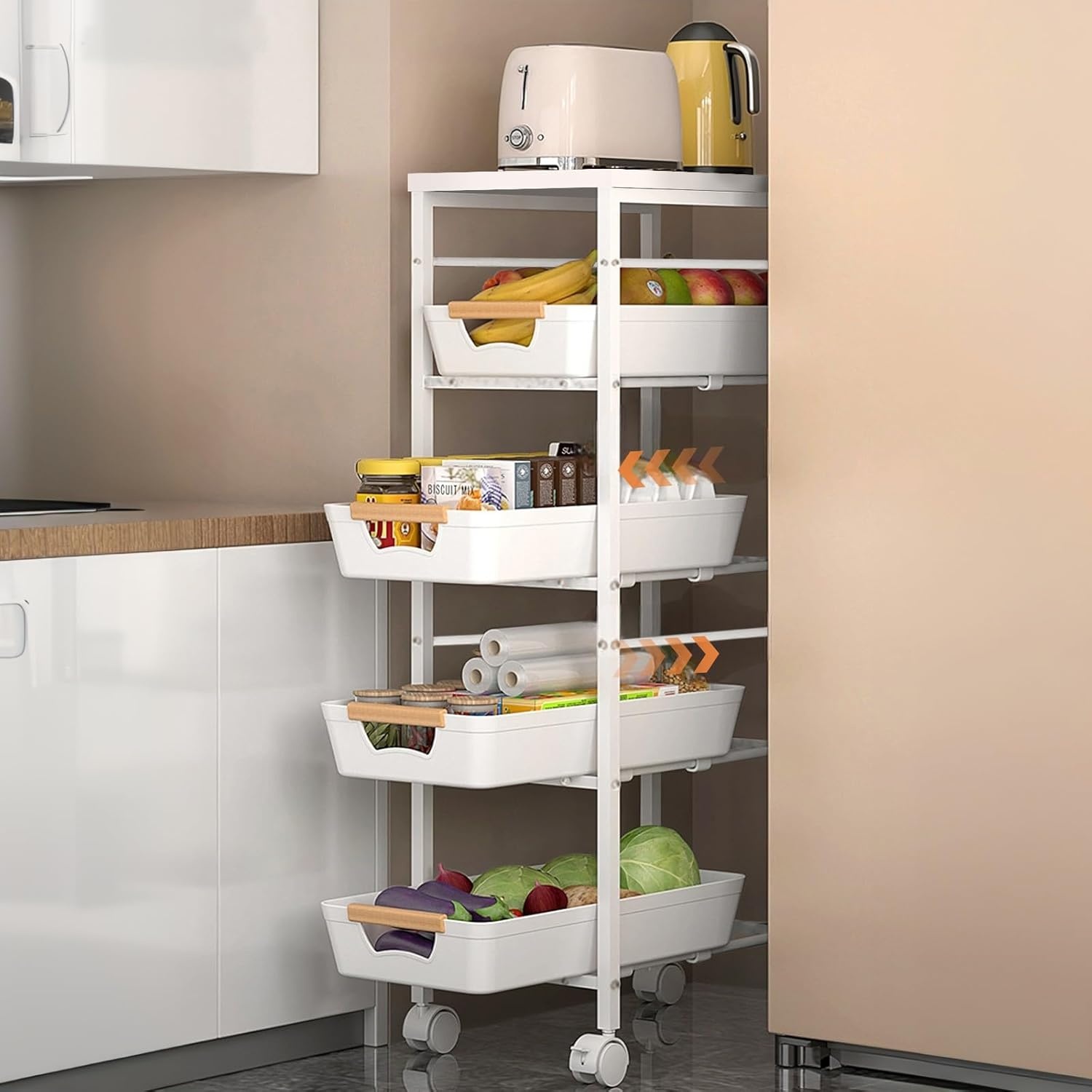 Opbergtrolley met 5 Laden & Houten Blad - Wit - 34% Korting
