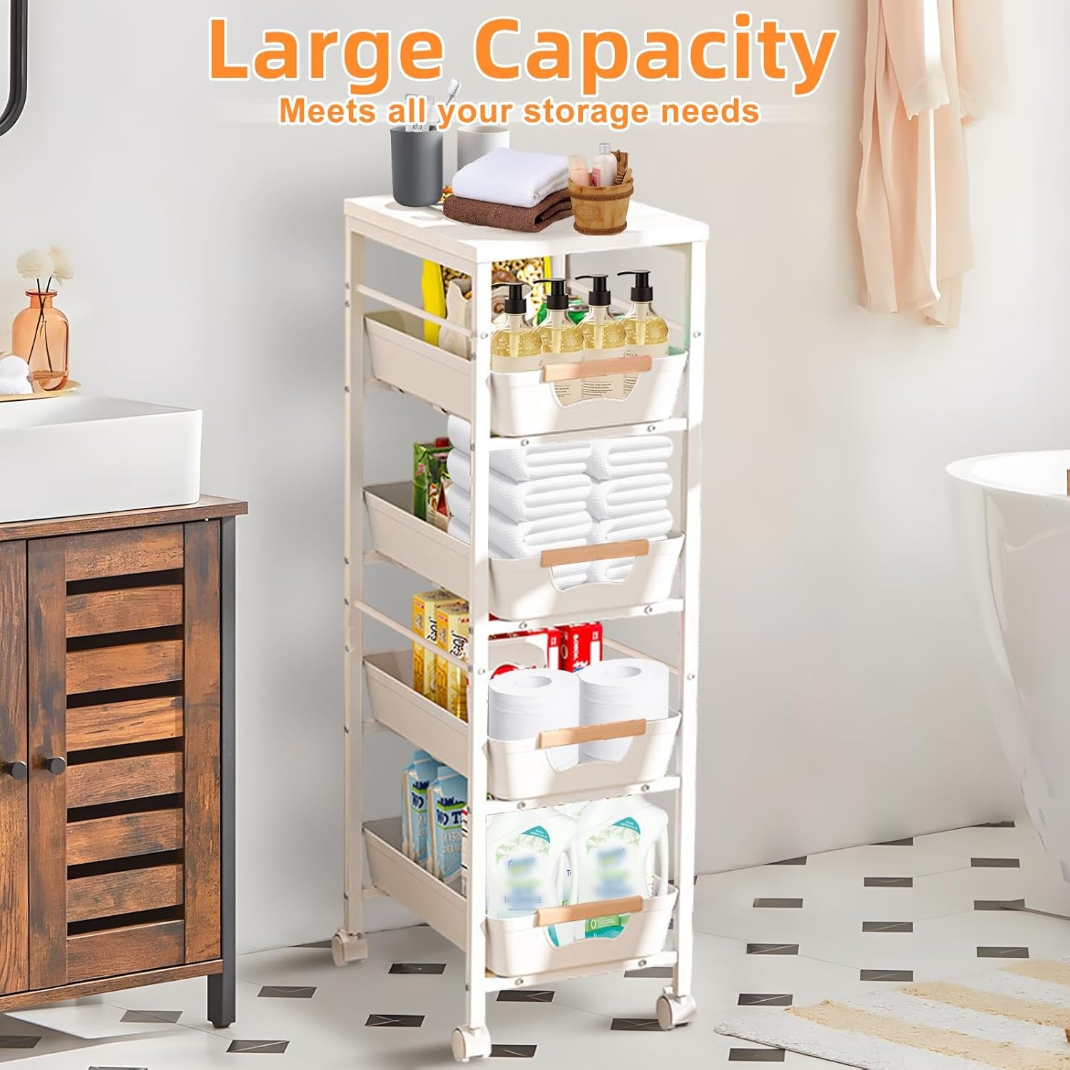 Opbergtrolley met 5 Laden & Houten Blad - Wit - 34% Korting