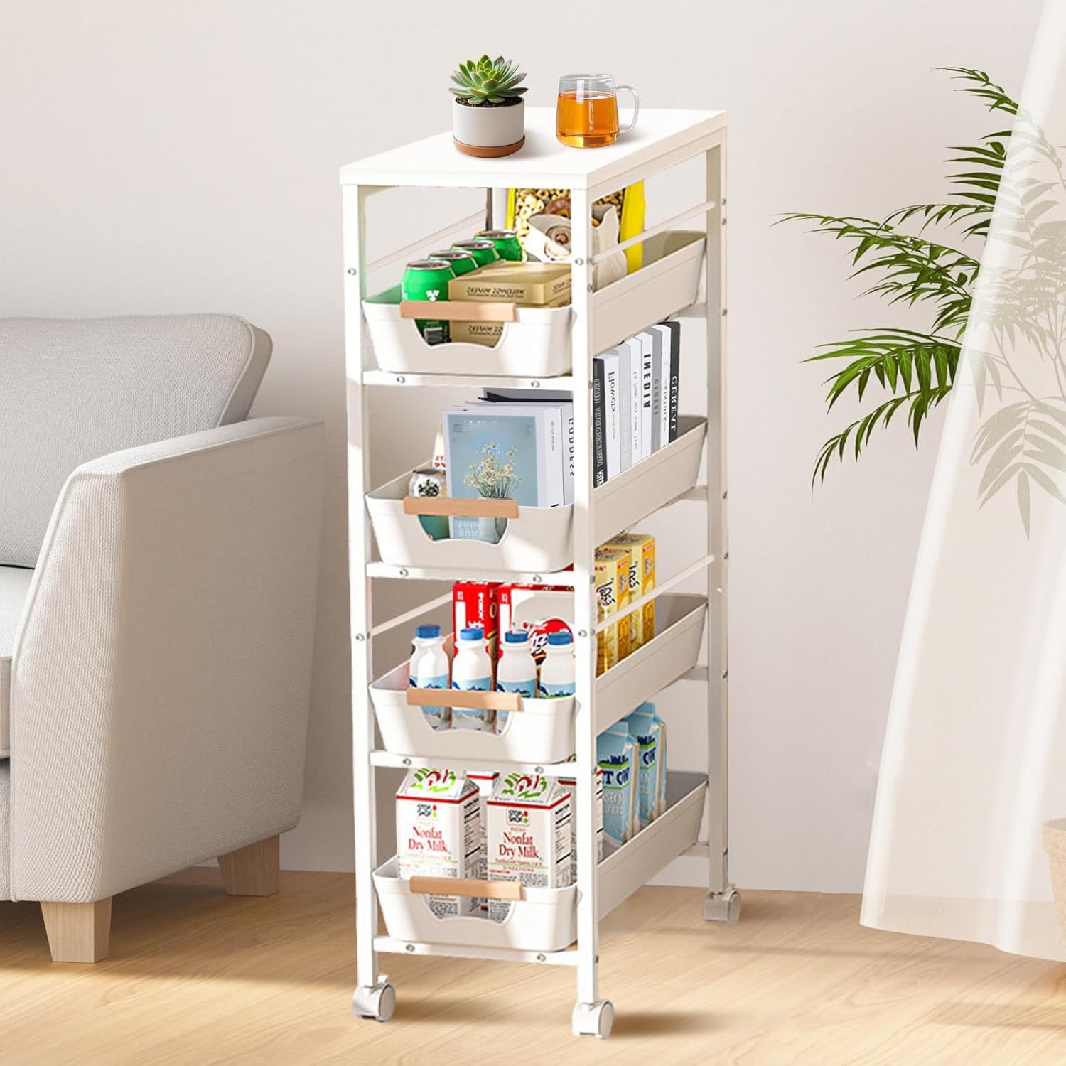 Opbergtrolley met 5 Laden & Houten Blad - Wit - 34% Korting