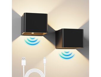 2x LED Wandlamp Zwart - Draadloos & Oplaadbaar met Bewegingsmelder