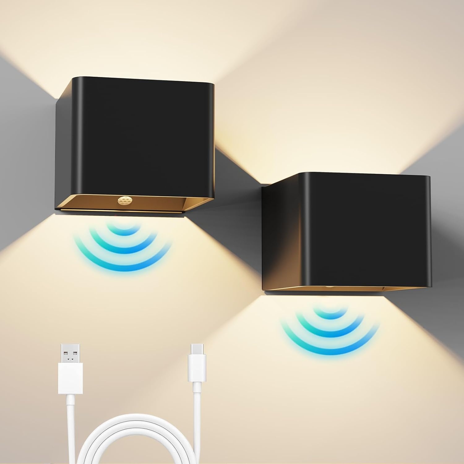 2x LED Wandlamp Zwart - Draadloos & Oplaadbaar met Bewegingsmelder