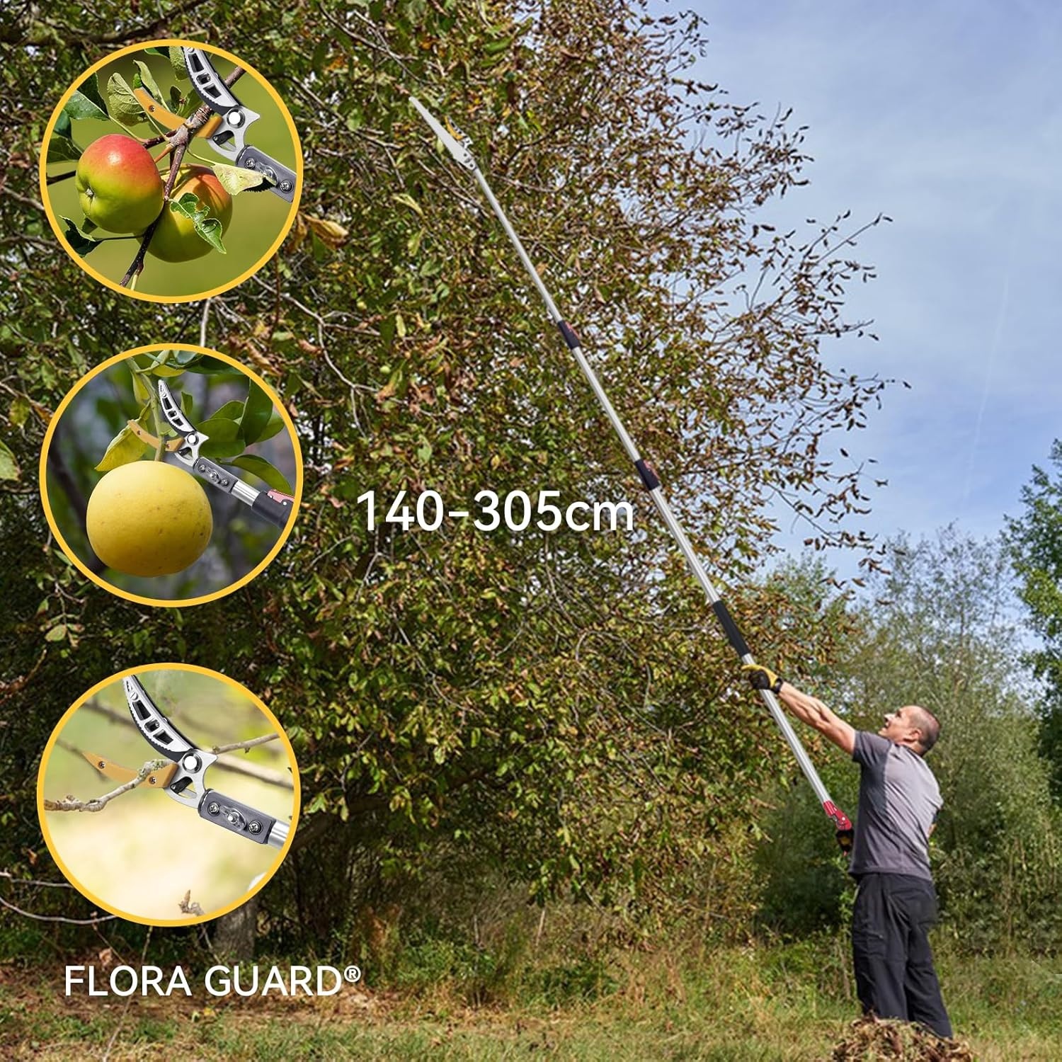 FLORA GUARD Telescopische takkenschaar voor verse takken en takken, 1,4 - 3,05 m, boomzaag met SK5 3D-tanden, werken op verre plaatsen, fruitplukkenschaar voor tuin en buiten