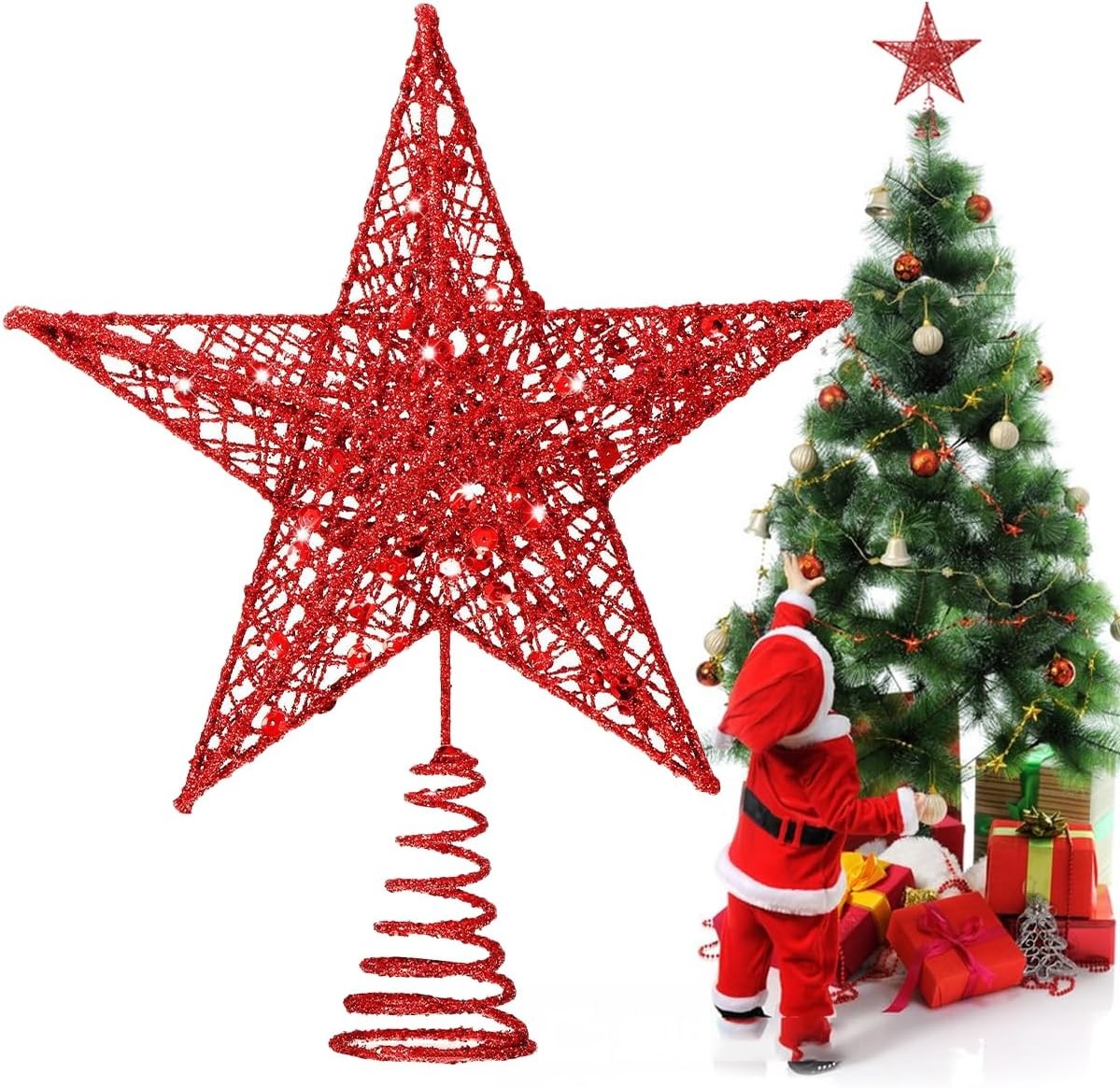 Verlichte Kerstboom Ster Piek - Rood Metaal Glitter 20 cm (77% Korting)