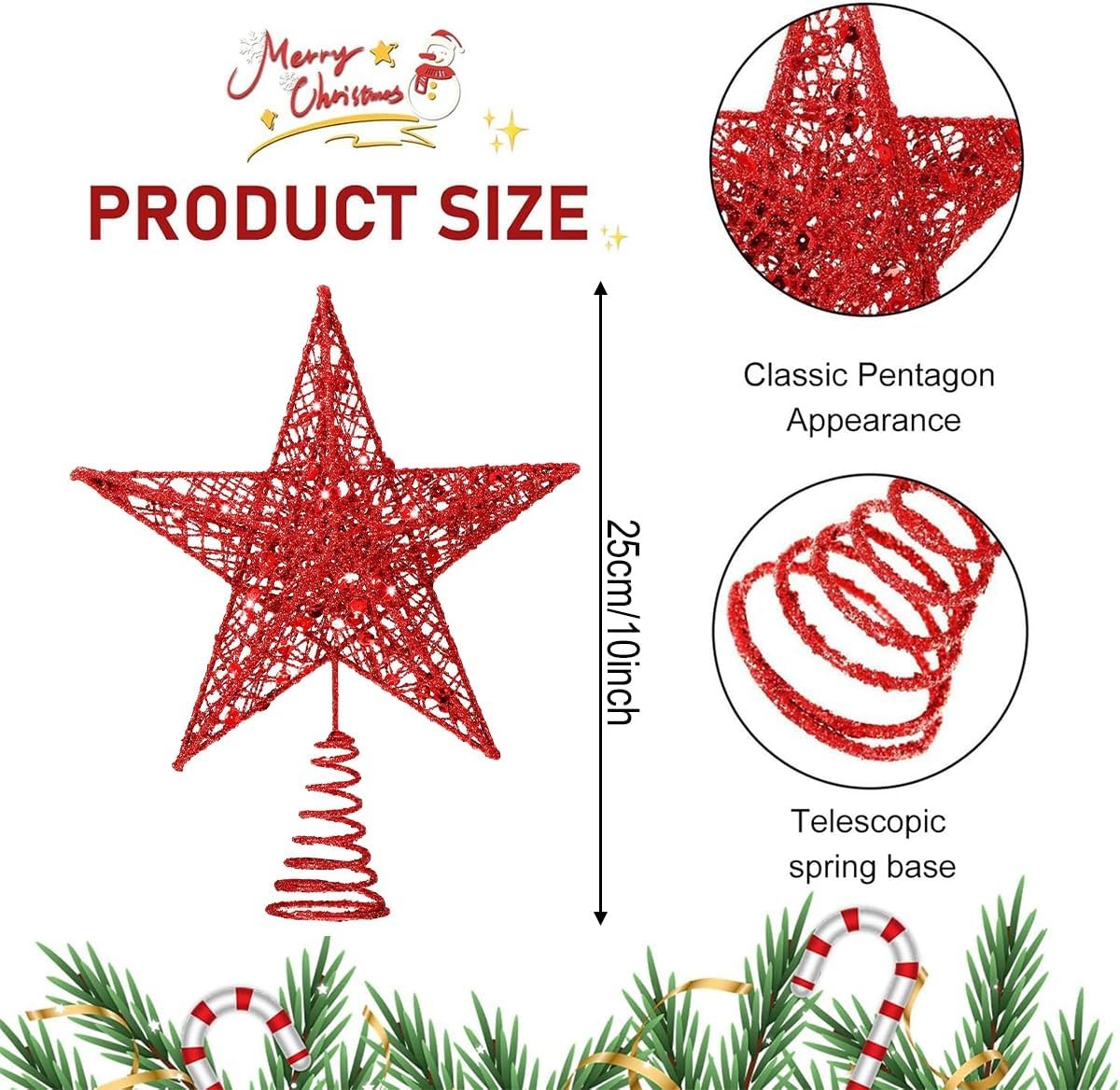 Verlichte Kerstboom Ster Piek - Rood Metaal Glitter 20 cm (77% Korting)