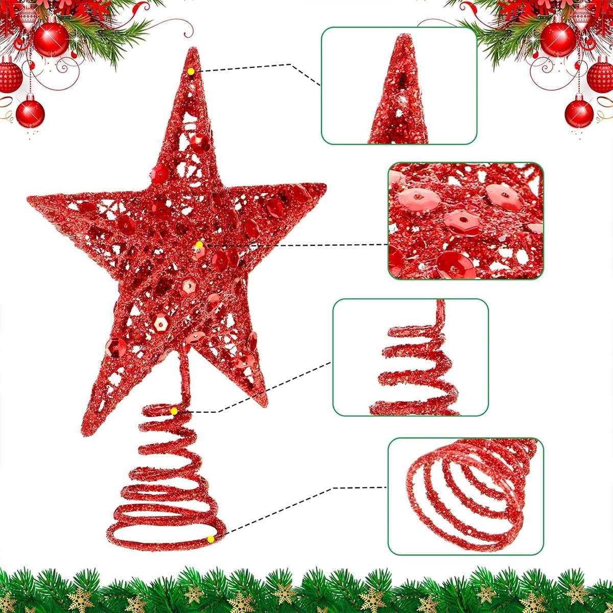 Verlichte Kerstboom Ster Piek - Rood Metaal Glitter 20 cm (77% Korting)