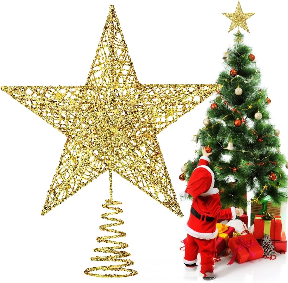 Verlichte Kerstboom Ster Piek - Rood Metaal Glitter 20 cm (77% Korting)