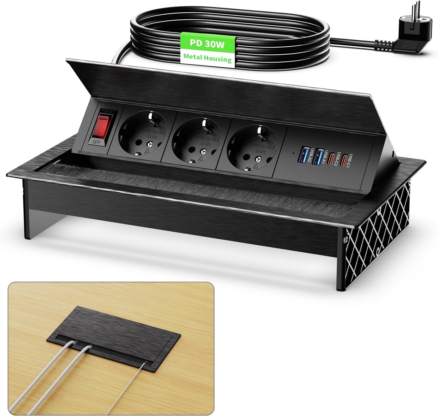 Intrekbare stekkerdoos met 3 stopcontacten & 4 USB-poorten - Zwart