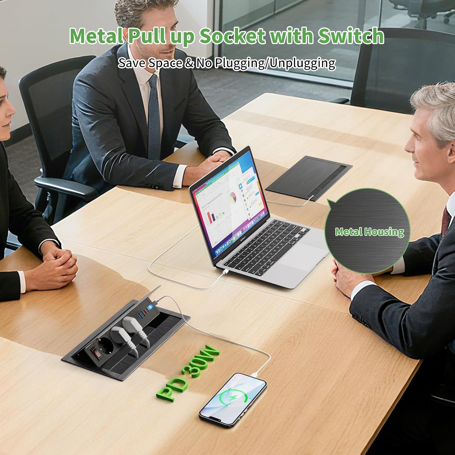 Intrekbare stekkerdoos met 3 stopcontacten & 4 USB-poorten - Zwart