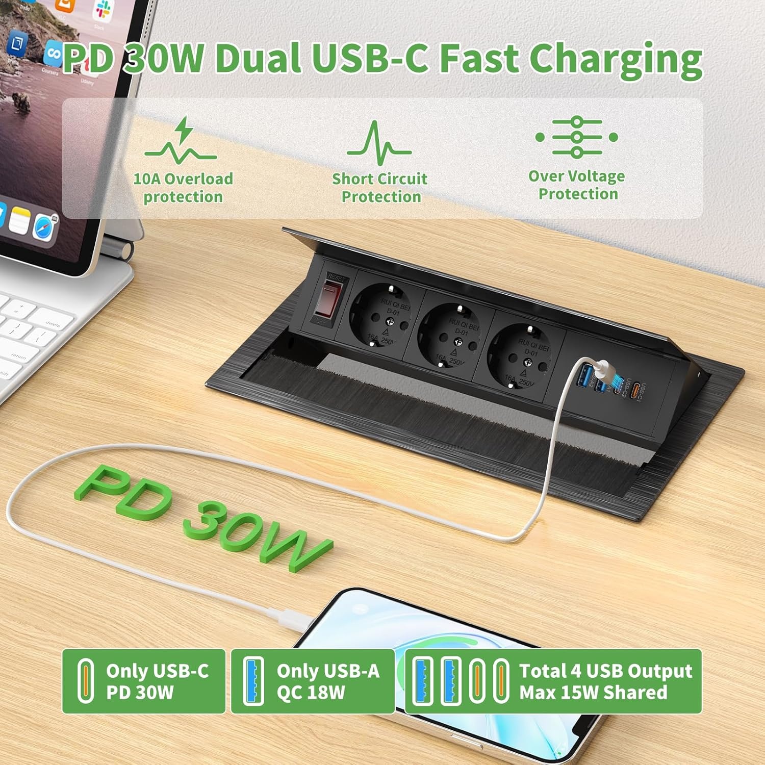 Intrekbare stekkerdoos met 3 stopcontacten & 4 USB-poorten - Zwart