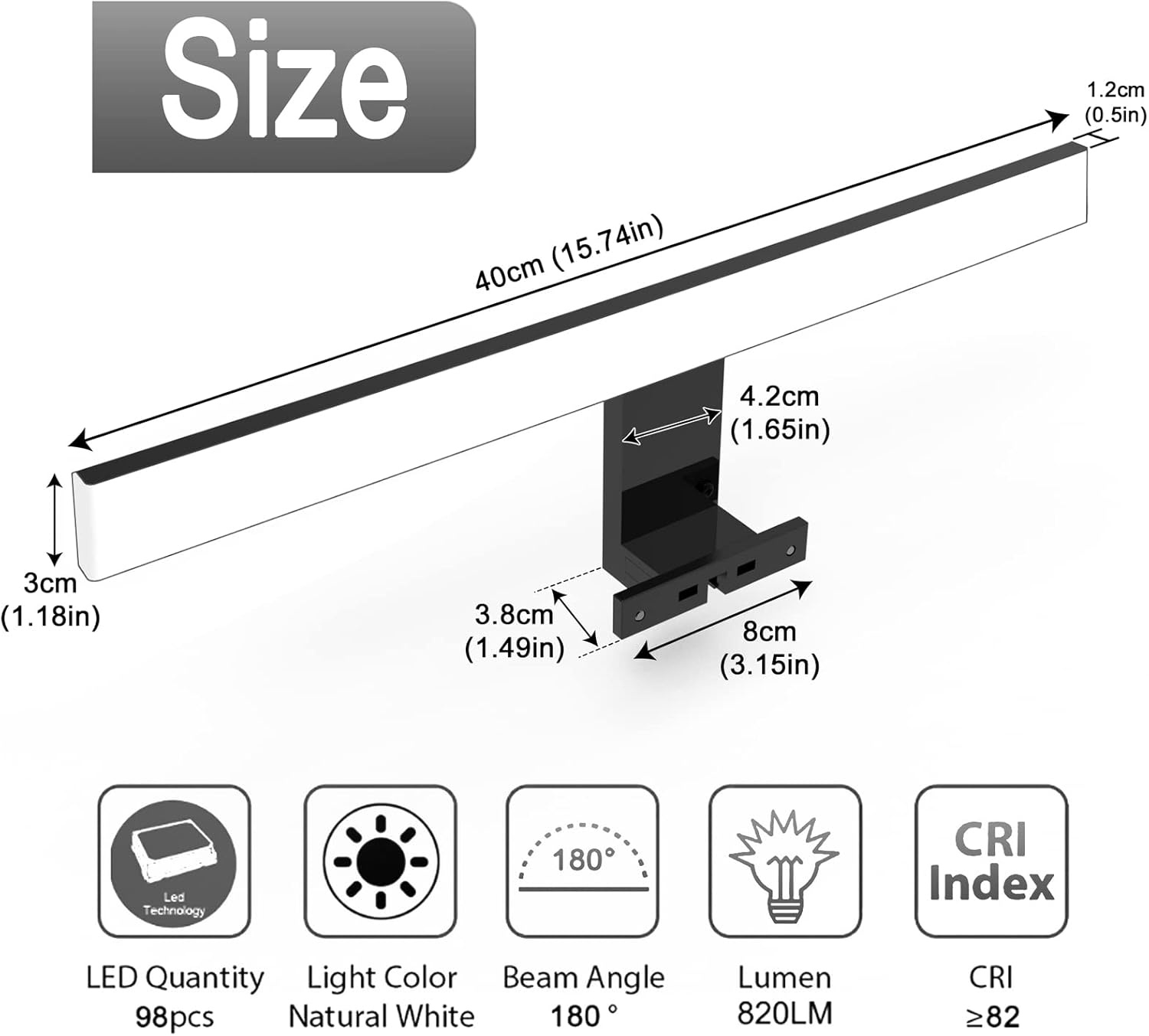 Zwarte LED Badkamerspiegellamp 40cm - Neutraal Wit & Waterdicht (28% Korting)