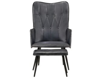 Grijze lederen fauteuil met voetenbank - 43% Korting
