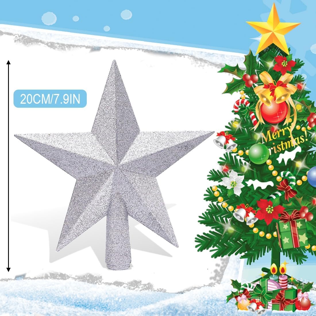 Kerstboom piek Zilveren Ster 20,5 cm - Kunststof Glitter 3D - Breukveilig (76% Korting!)