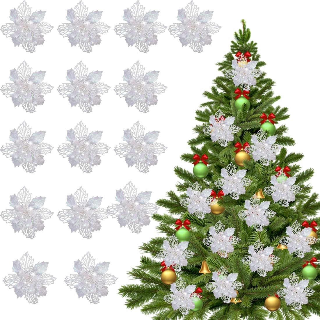 Kerstboomdecoratie Kunstbloemen Wit Glitter (15 Stuks) - 29% Korting