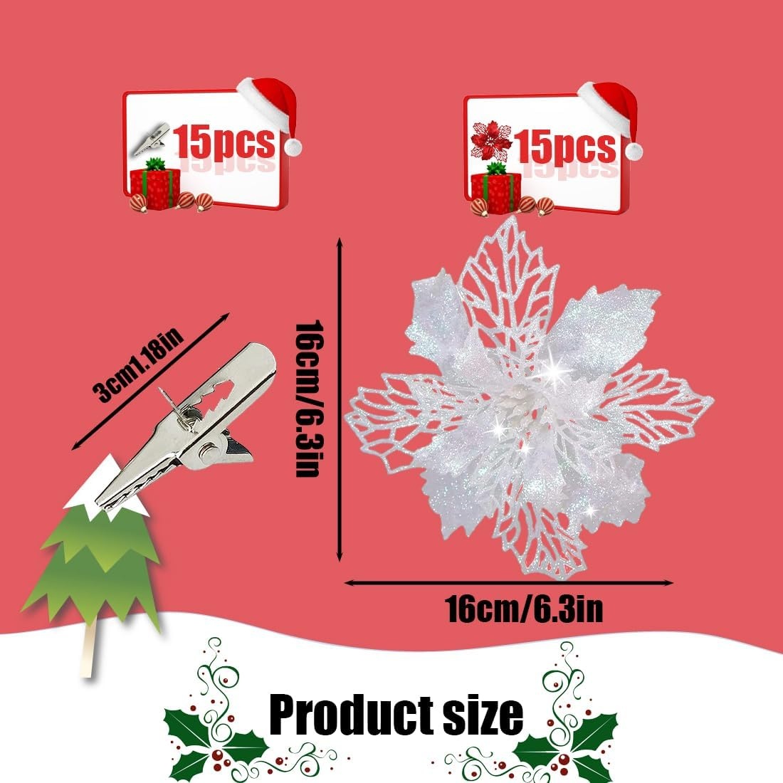 Kerstboomdecoratie Kunstbloemen Wit Glitter (15 Stuks) - 29% Korting