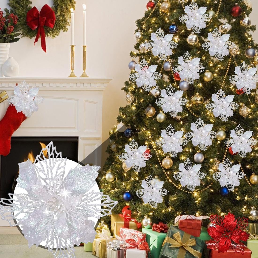 Kerstboomdecoratie Kunstbloemen Wit Glitter (15 Stuks) - 29% Korting