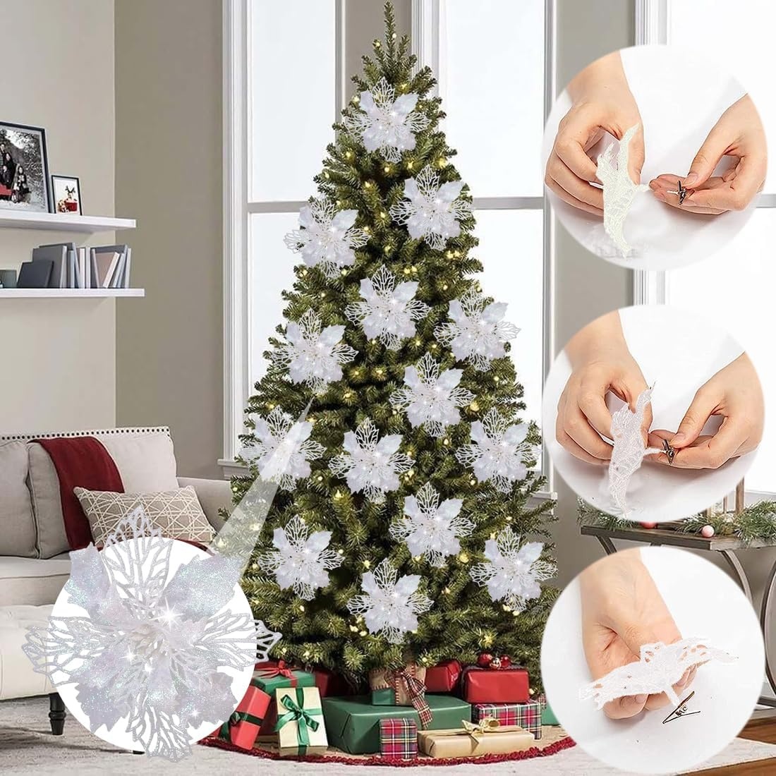 Kerstboomdecoratie Kunstbloemen Wit Glitter (15 Stuks) - 29% Korting