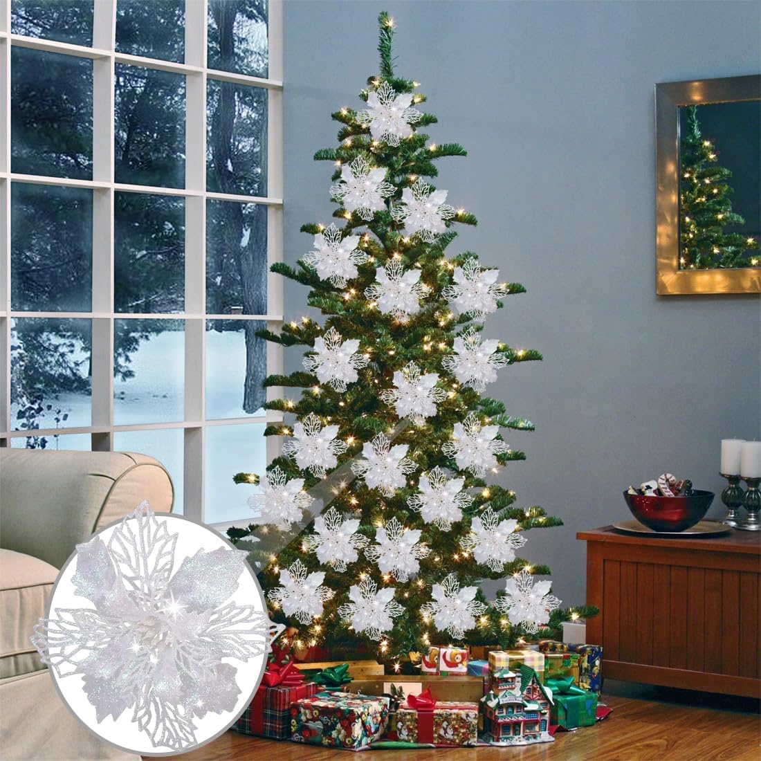 Kerstboomdecoratie Kunstbloemen Wit Glitter (15 Stuks) - 29% Korting