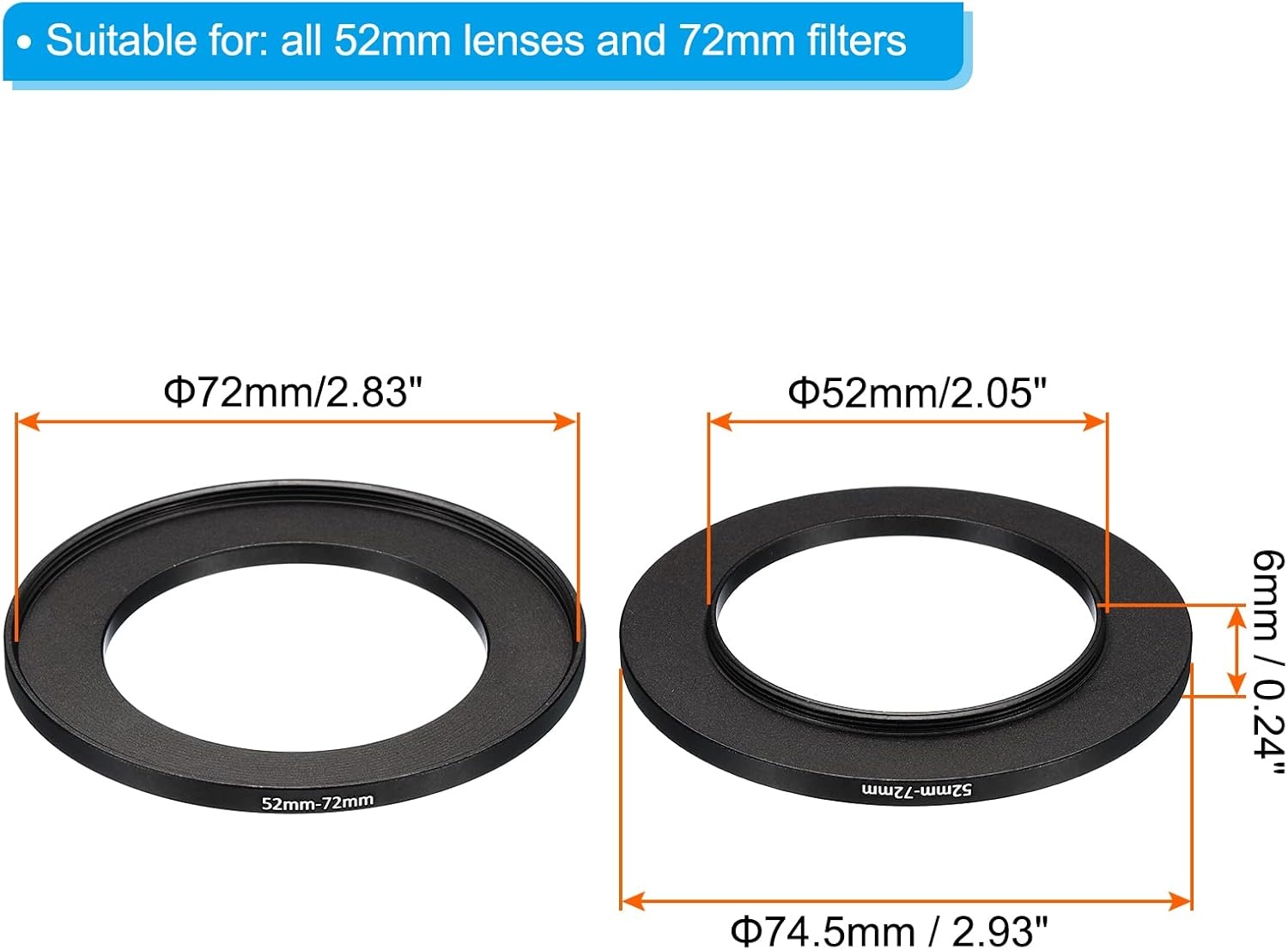 2x Camera Filter Adapter 52mm naar 72mm - Aluminium Zwart (73% Korting)