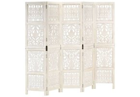 Kamerscherm 5 Panelen Handgesneden Mangohout Wit - 30% Korting!