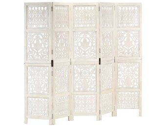 Kamerscherm 5 Panelen Handgesneden Mangohout Wit - 30% Korting!