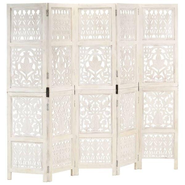 Kamerscherm 5 Panelen Handgesneden Mangohout Wit - 30% Korting!