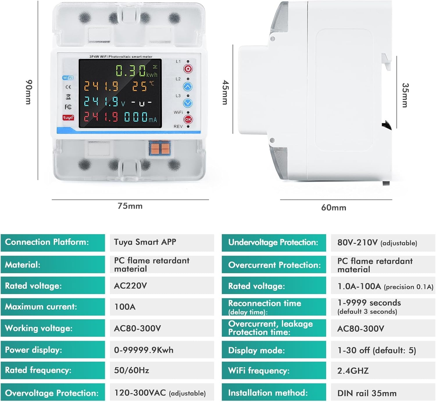 Driefase WiFi Energiemeter 100A 380V met Tuya App | 29% Korting