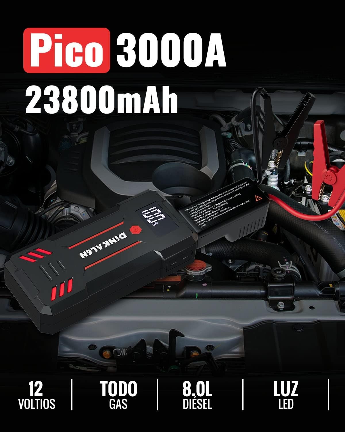 Krachtige Autostarter 23800mAh 3000A (Benzine/Diesel tot 8.0L) met LED