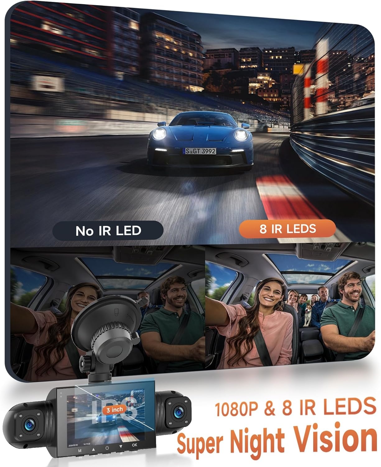 4-Kanaals Dashcam 360° - 1080P Voor, 480P Achter/Zij - 3" LCD - Nachtzicht - 29% Korting