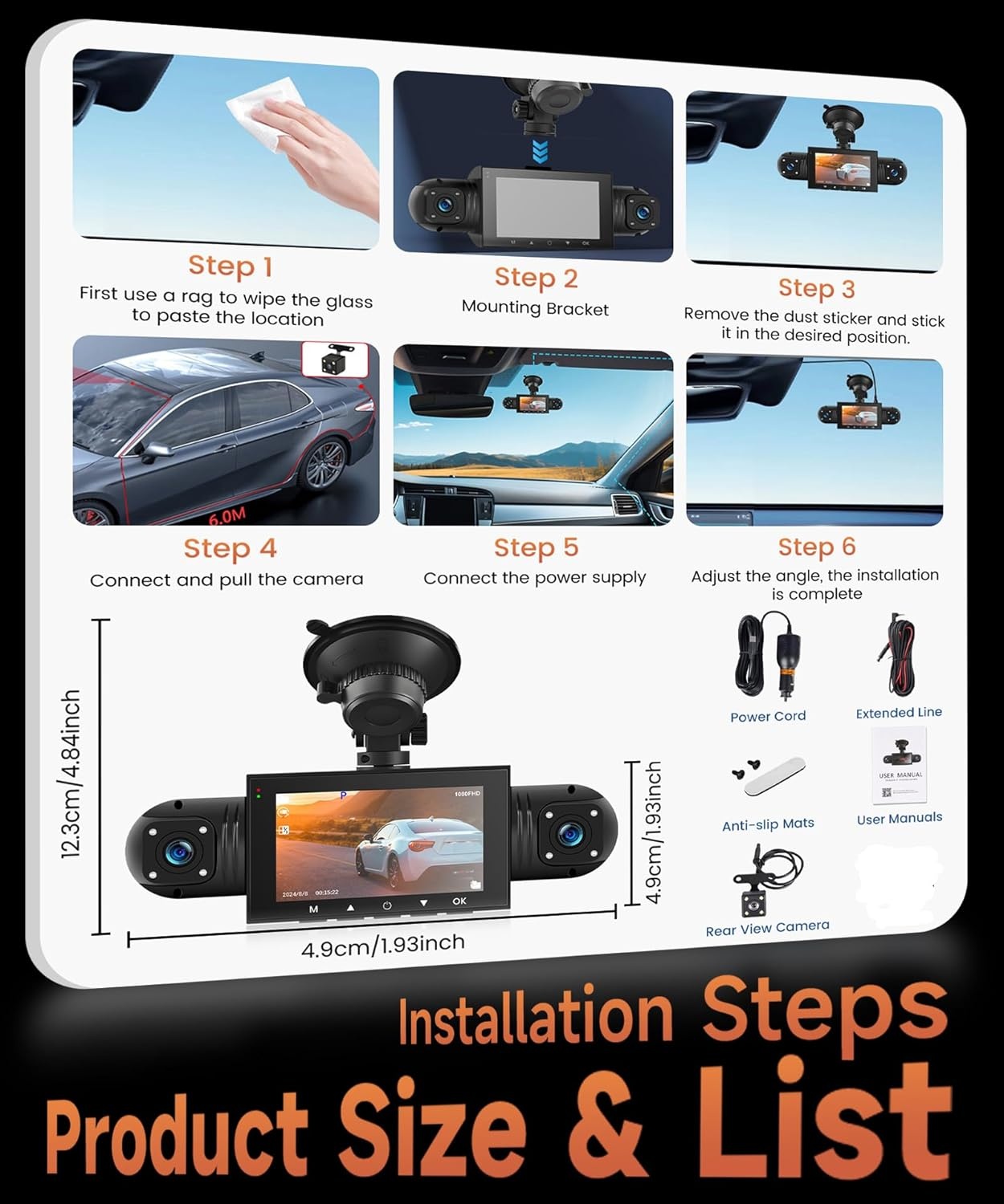 4-Kanaals Dashcam 360° - 1080P Voor, 480P Achter/Zij - 3" LCD - Nachtzicht - 29% Korting