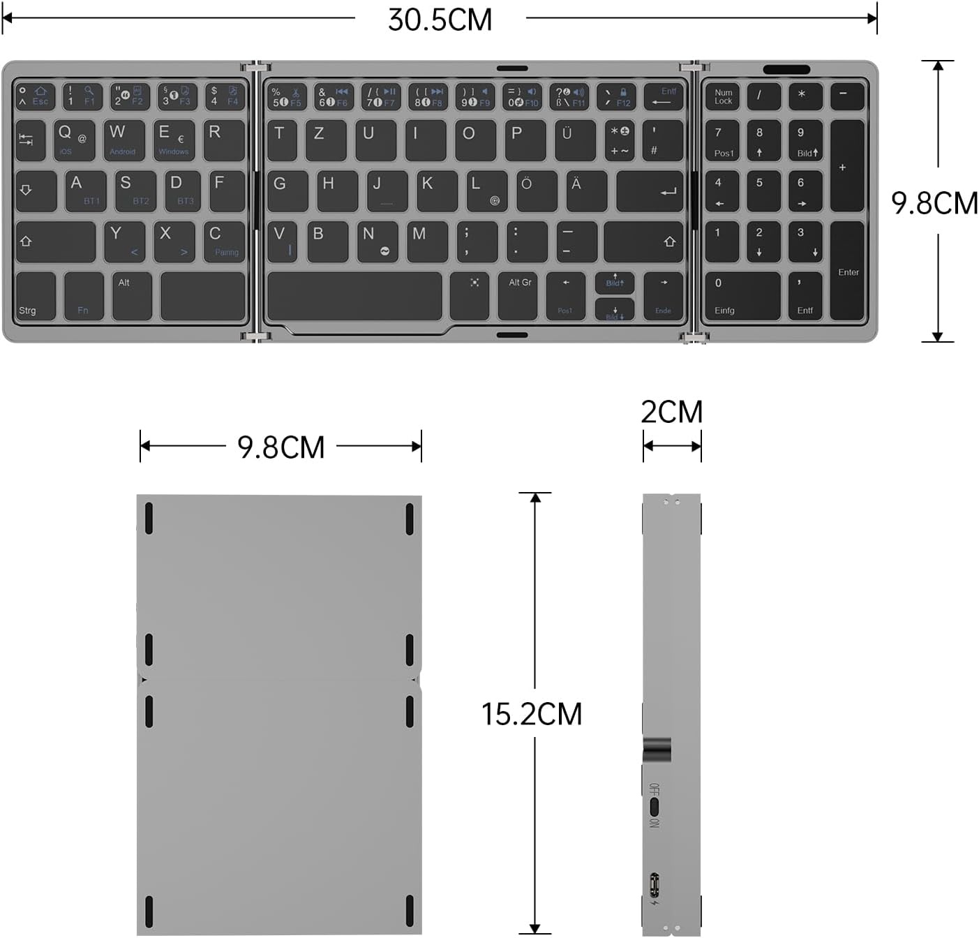 Opvouwbaar QWERTZ Toetsenbord - Ultra-Dun Draadloos Bluetooth 5.1 met Numeriek Toetsenblok