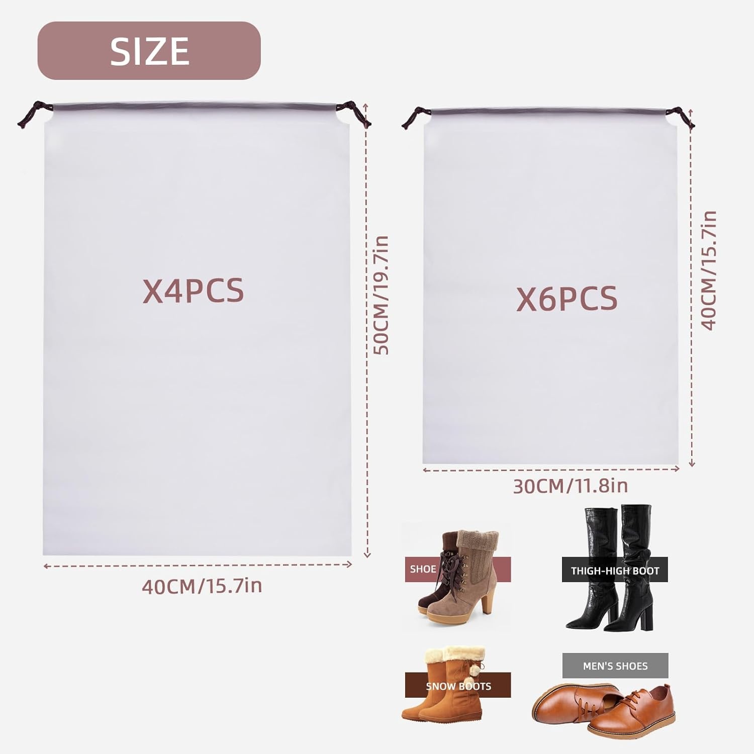 10x Transparante Schoenenzakken Waterdicht met Koord (40x30cm & 40x50cm)