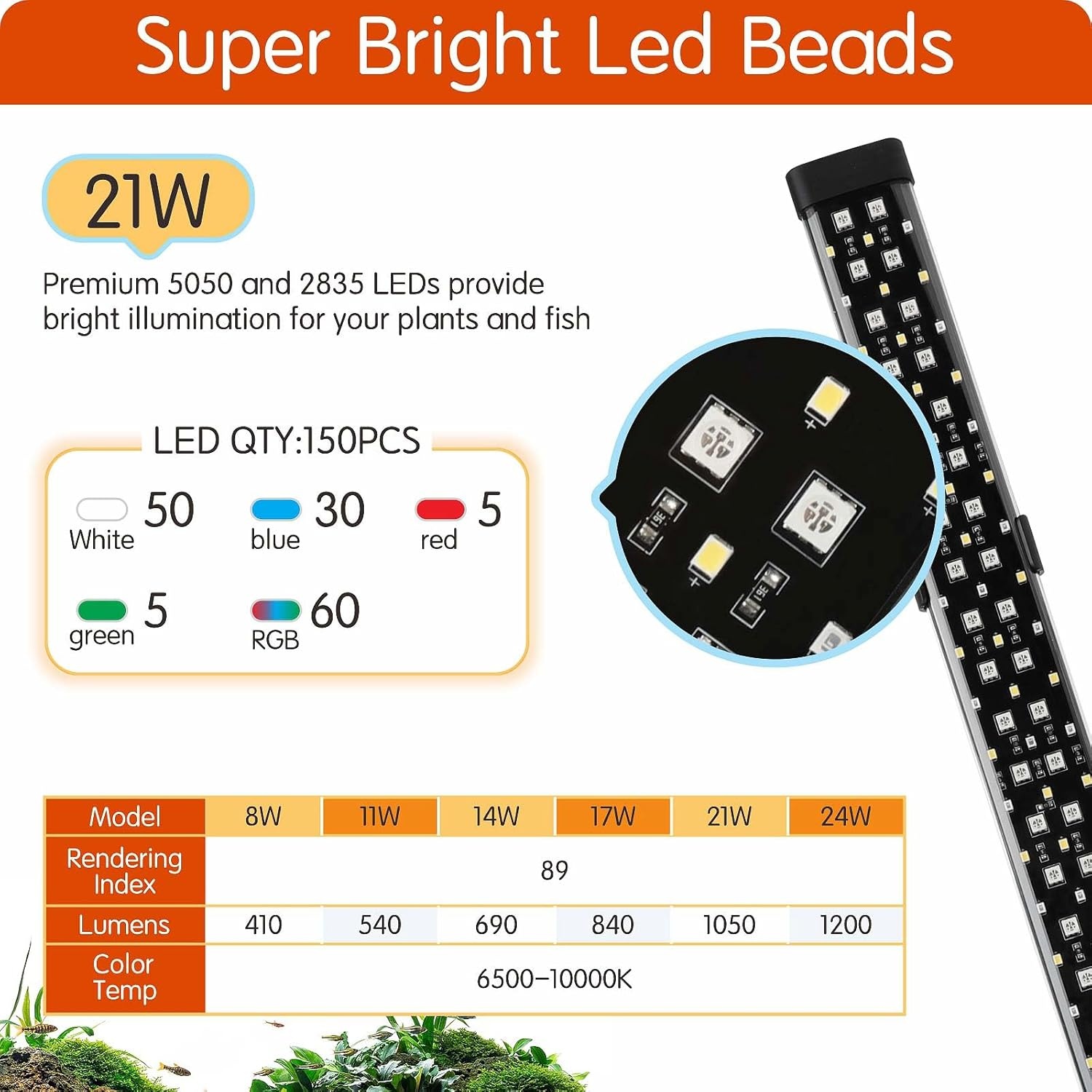 LED Aquariumverlichting 61-109cm | 21W Full Spectrum | 24/7 Timer