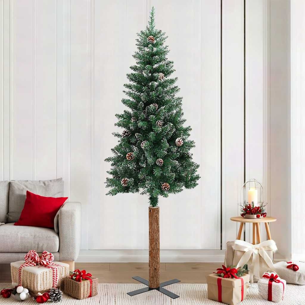 Smal Groene Kerstboom 210cm met Sneeuw & Dennenappels - 34% Korting!