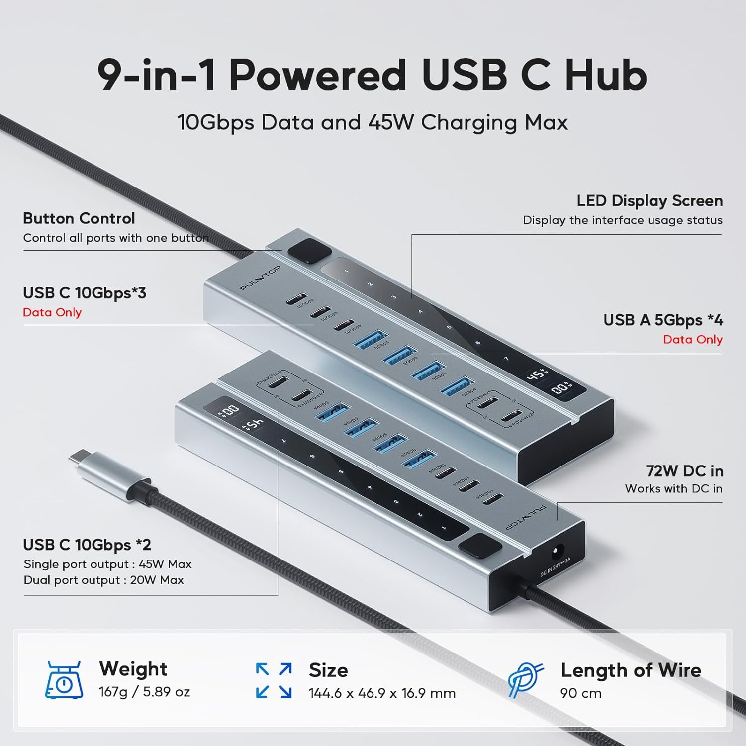 USB-C Hub 9-in-1: 10Gbps Data & 72W Voeding
