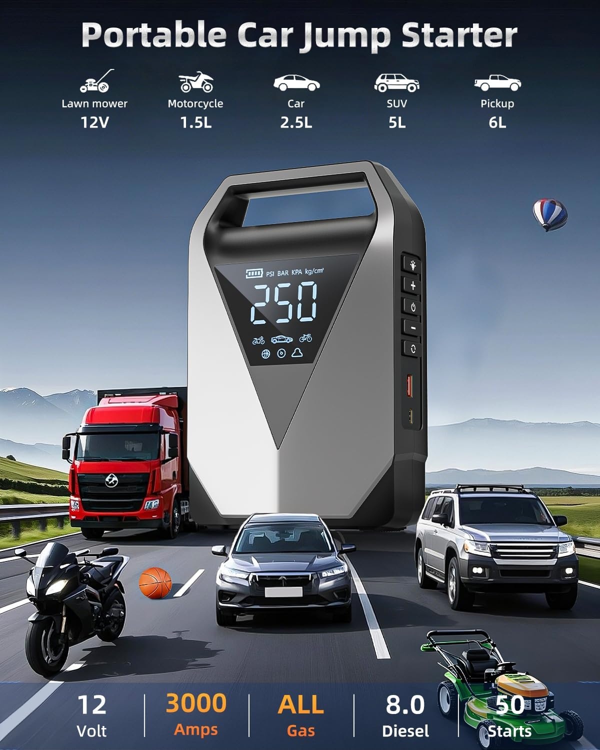 6-in-1 Startbooster Compressor Powerbank 12V Benzine/Diesel 8L 3000A 150PSI 20000mAh LCD QC3.0 LED - 29% Korting!