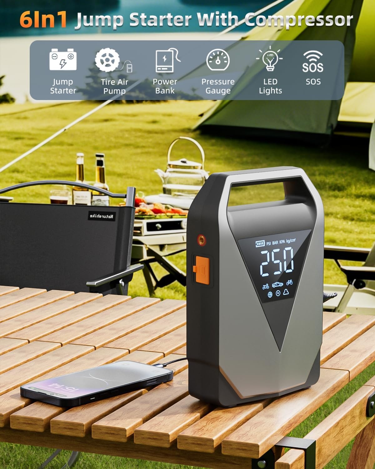 6-in-1 Startbooster Compressor Powerbank 12V Benzine/Diesel 8L 3000A 150PSI 20000mAh LCD QC3.0 LED - 29% Korting!