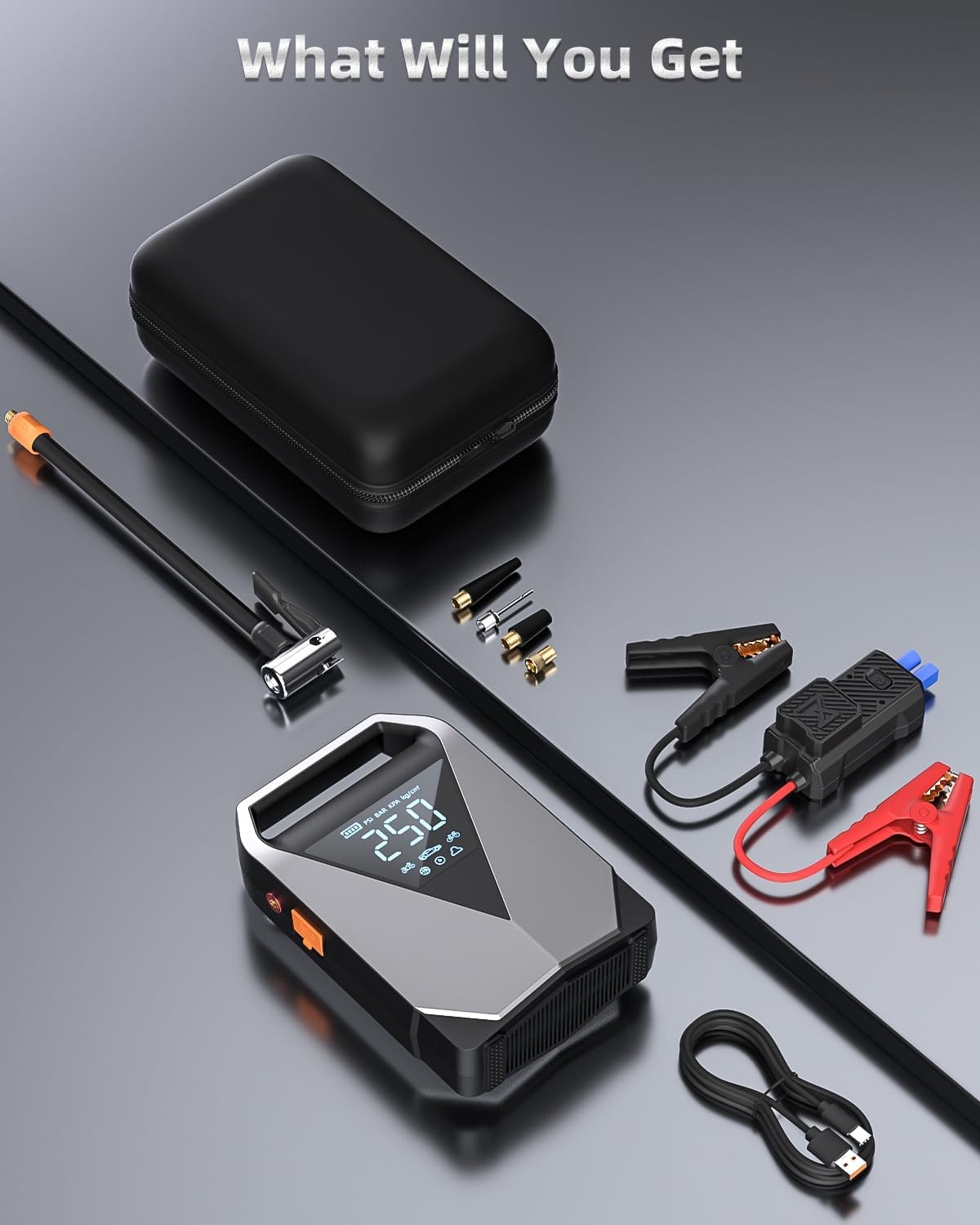 6-in-1 Startbooster Compressor Powerbank 12V Benzine/Diesel 8L 3000A 150PSI 20000mAh LCD QC3.0 LED - 29% Korting!