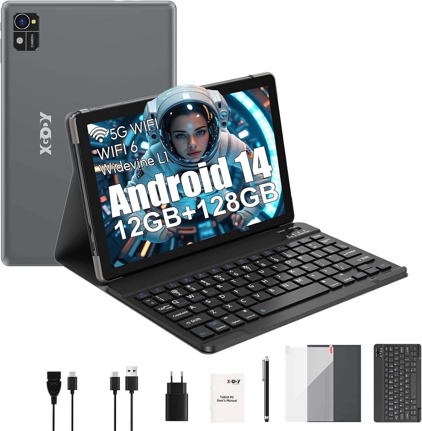 Android 14 Tablet 10" met Toetsenbord - 12GB RAM, 128GB, Zilver-Grijs (29% Korting)
