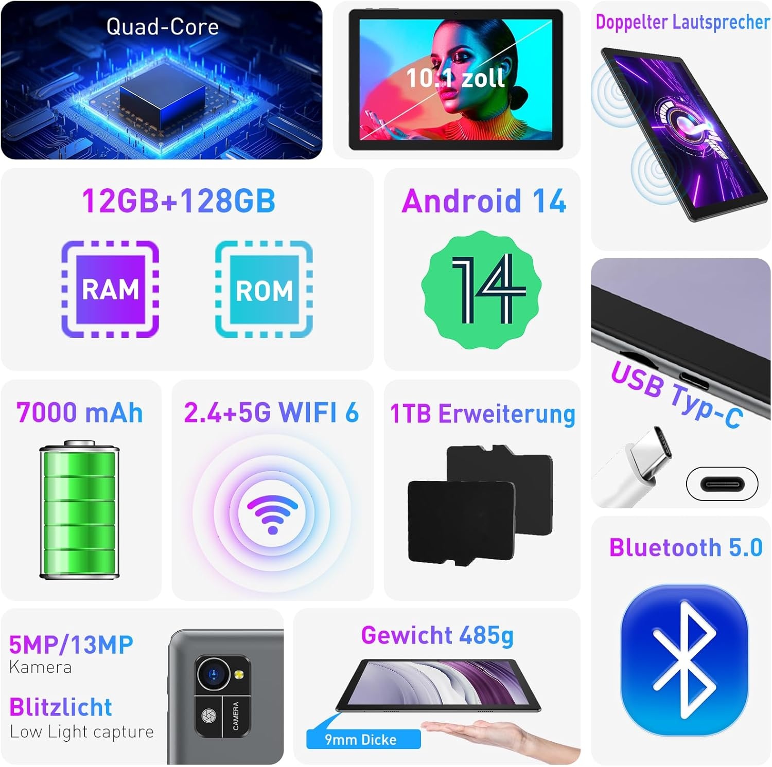 Android 14 Tablet 10" met Toetsenbord - 12GB RAM, 128GB, Zilver-Grijs (29% Korting)