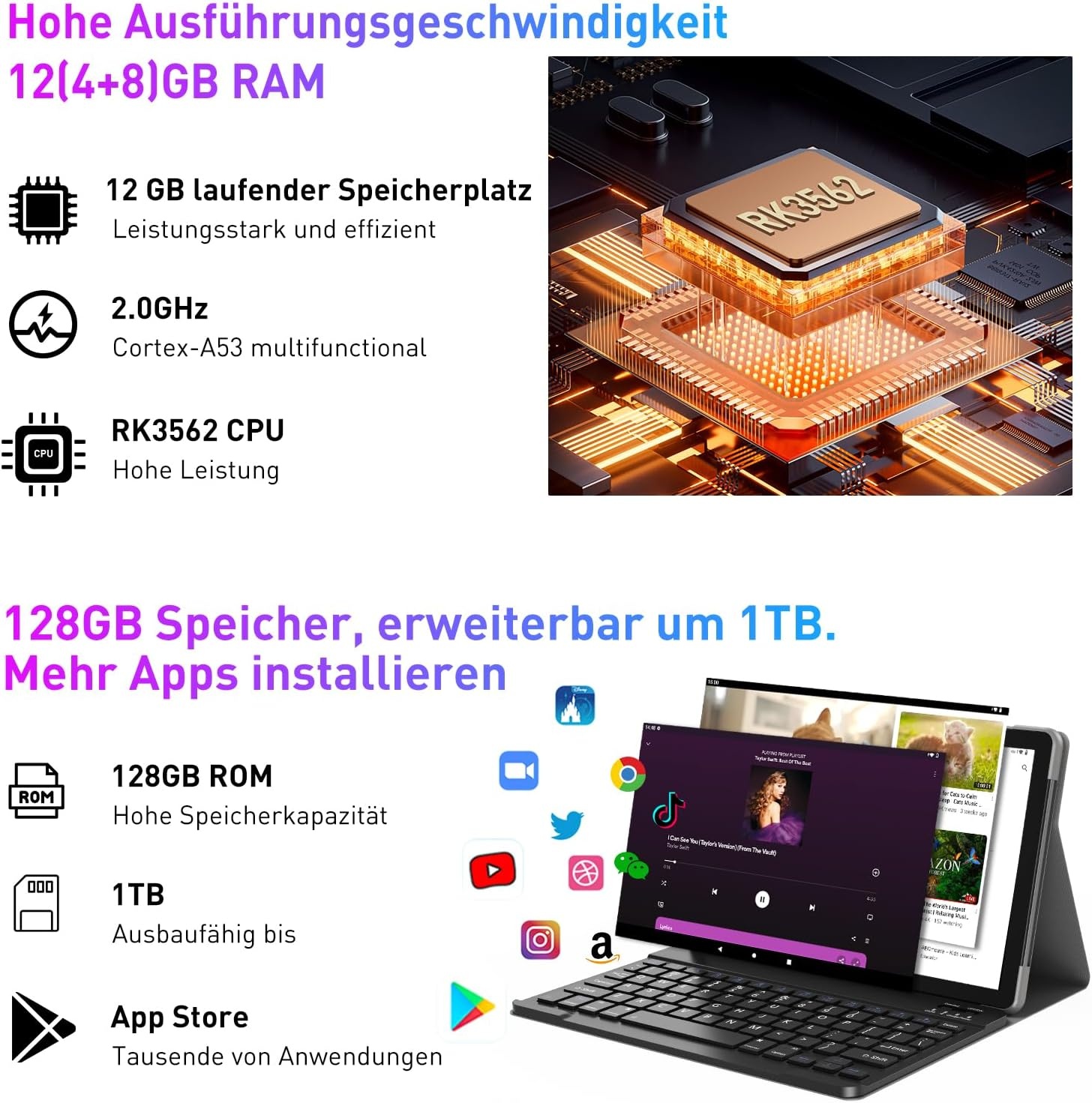 Android 14 Tablet 10" met Toetsenbord - 12GB RAM, 128GB, Zilver-Grijs (29% Korting)