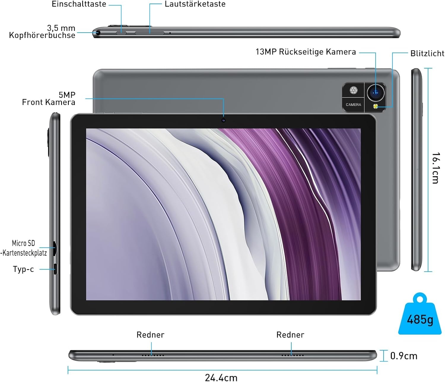 Android 14 Tablet 10" met Toetsenbord - 12GB RAM, 128GB, Zilver-Grijs (29% Korting)
